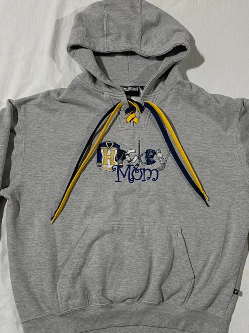 Pennant Sportswear Hockey Mom Lace-Up Hoodie Gray Navy Yellow L Travel Team Mom